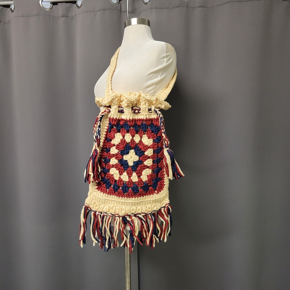 Handmade Crochet Shoulder Bag Red Cream‎ Blue Granny Square Fringe Boho One Size